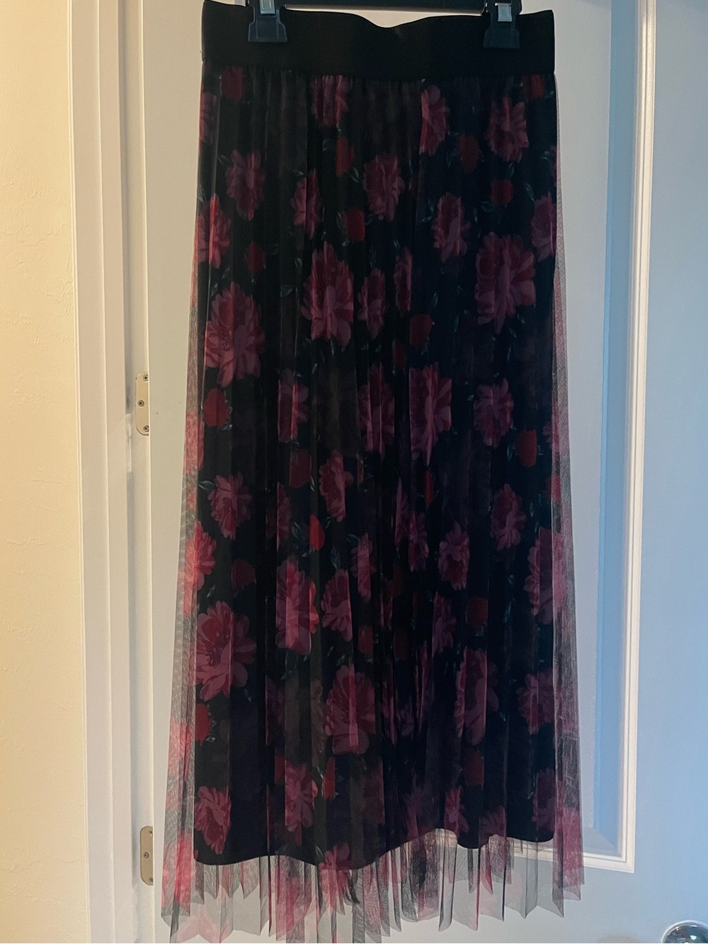 Metro Wear Black Midi Skirt with Pink Floral Overlay